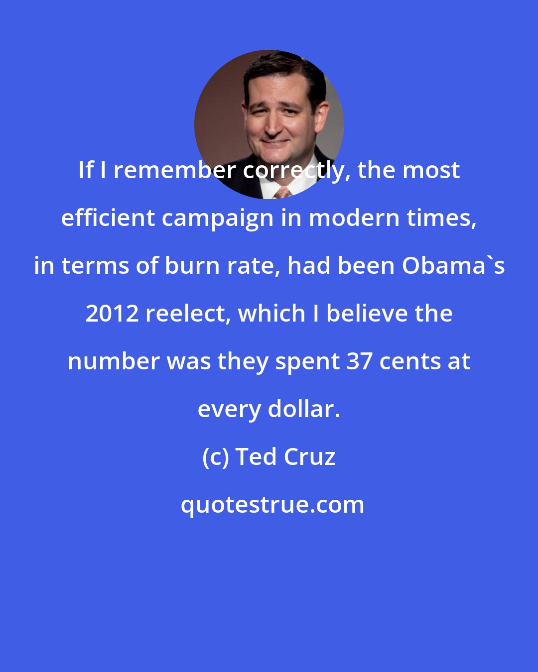Ted Cruz: If I remember correctly, the most efficient campaign in modern times, in terms of burn rate, had been Obama's 2012 reelect, which I believe the number was they spent 37 cents at every dollar.