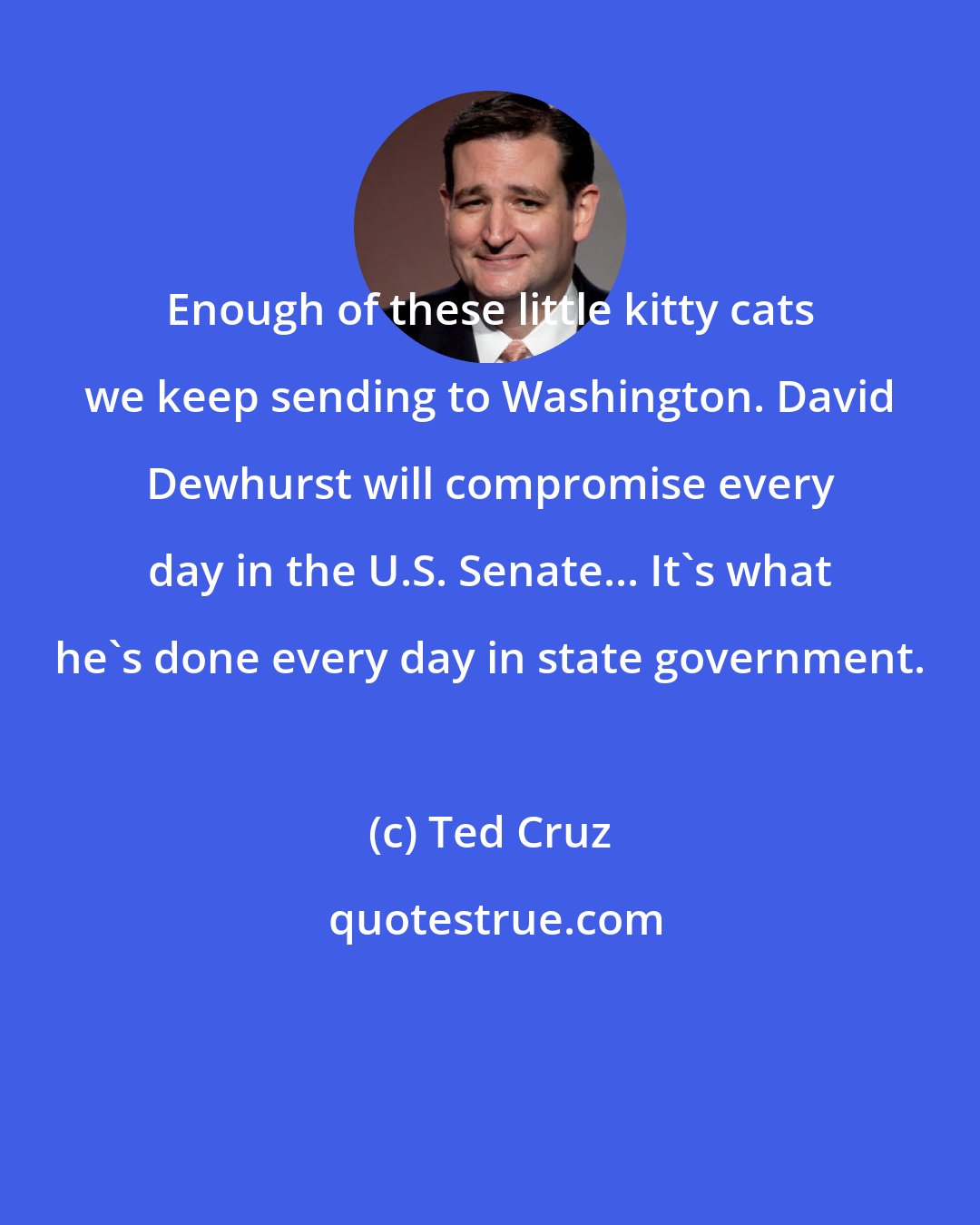 Ted Cruz: Enough of these little kitty cats we keep sending to Washington. David Dewhurst will compromise every day in the U.S. Senate... It's what he's done every day in state government.