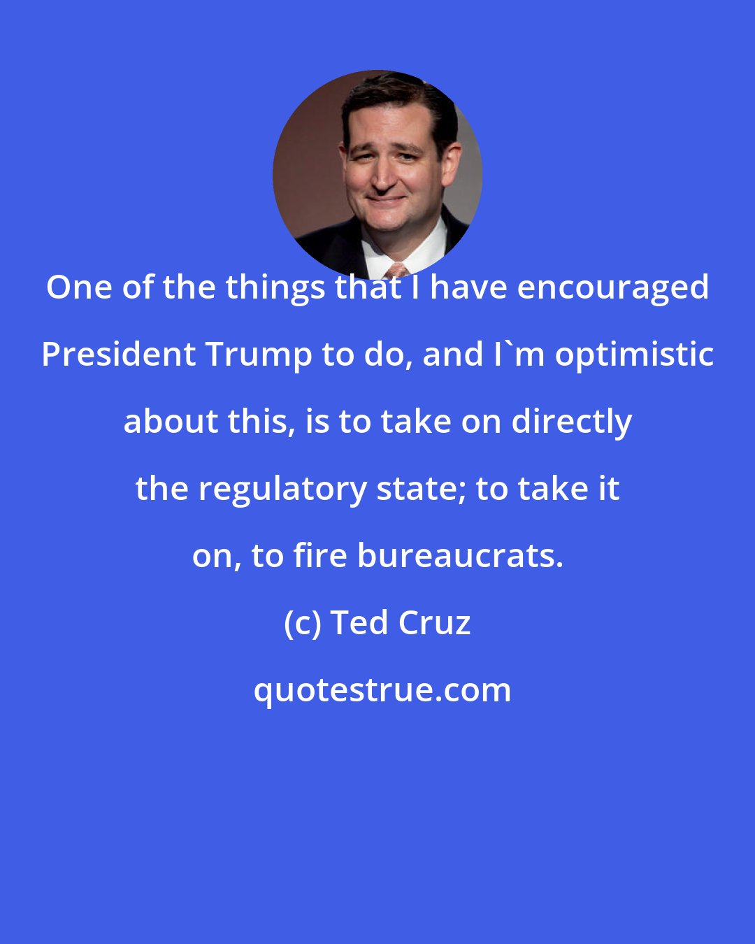 Ted Cruz: One of the things that I have encouraged President Trump to do, and I'm optimistic about this, is to take on directly the regulatory state; to take it on, to fire bureaucrats.