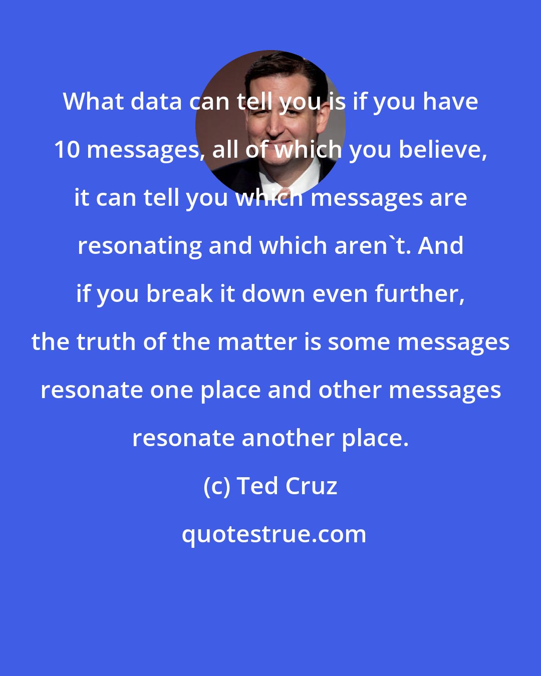 Ted Cruz: What data can tell you is if you have 10 messages, all of which you believe, it can tell you which messages are resonating and which aren't. And if you break it down even further, the truth of the matter is some messages resonate one place and other messages resonate another place.