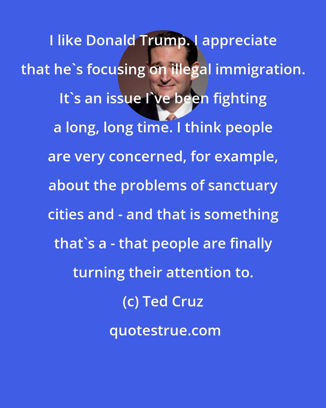 Ted Cruz: I like Donald Trump. I appreciate that he's focusing on illegal immigration. It's an issue I've been fighting a long, long time. I think people are very concerned, for example, about the problems of sanctuary cities and - and that is something that's a - that people are finally turning their attention to.