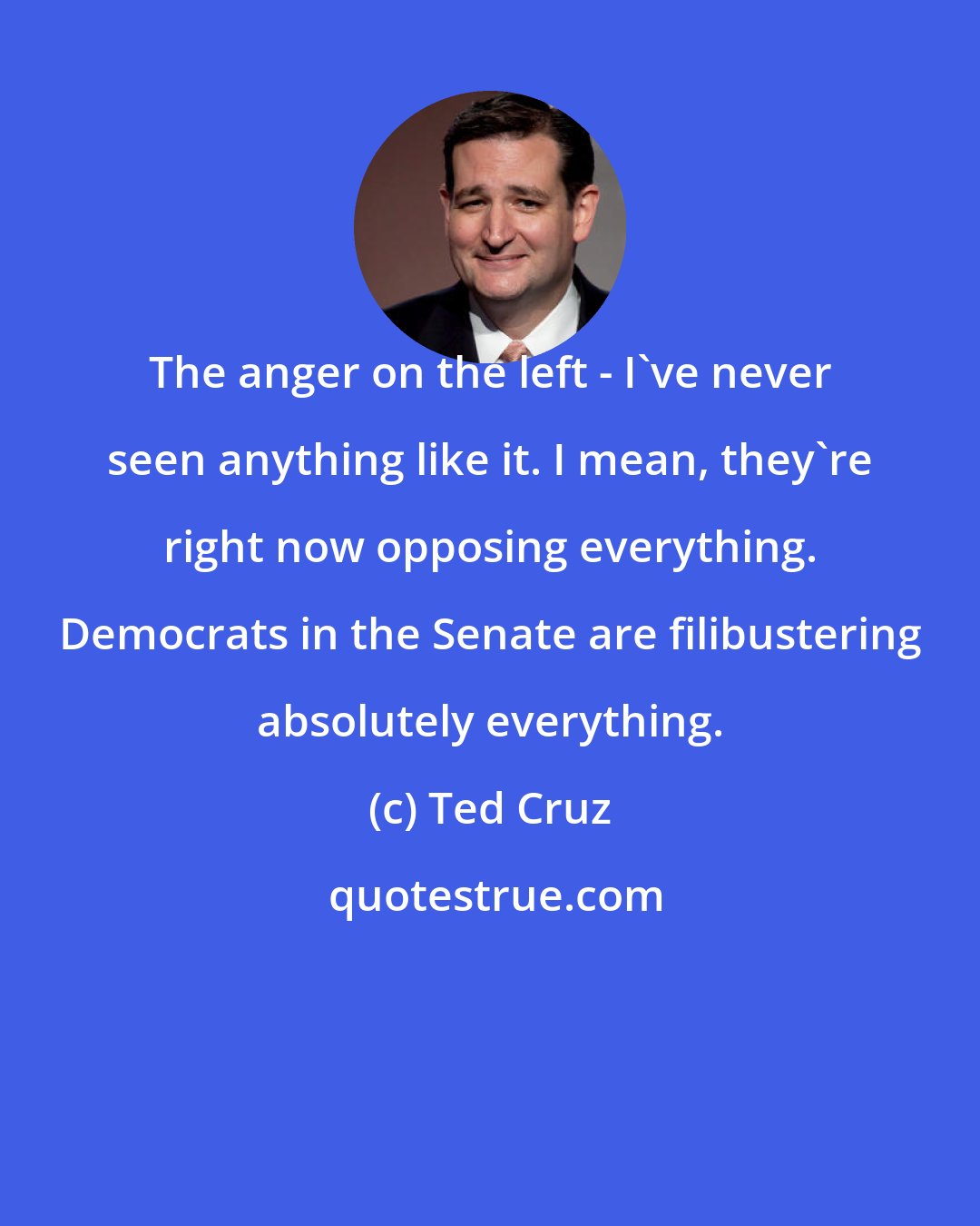 Ted Cruz: The anger on the left - I've never seen anything like it. I mean, they're right now opposing everything. Democrats in the Senate are filibustering absolutely everything.