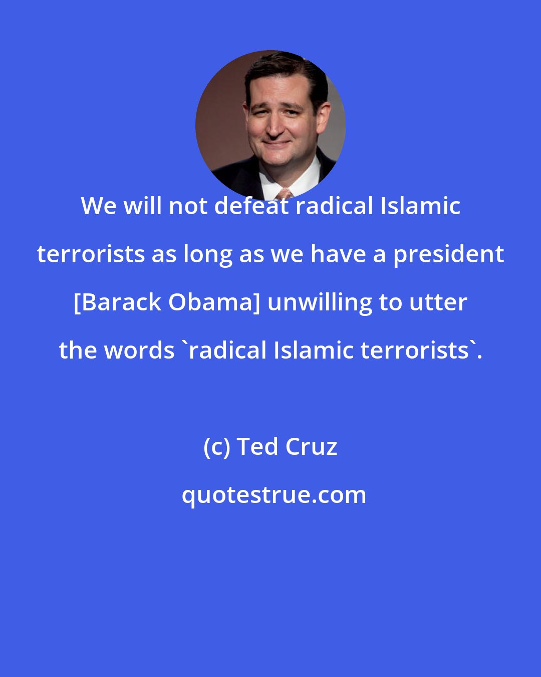 Ted Cruz: We will not defeat radical Islamic terrorists as long as we have a president [Barack Obama] unwilling to utter the words 'radical Islamic terrorists'.