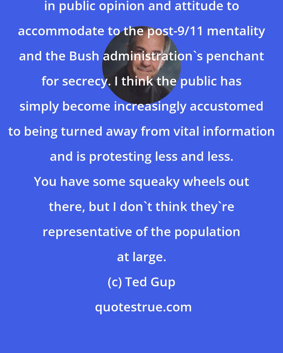 Ted Gup: And fourthly there is a major shift in public opinion and attitude to accommodate to the post-9/11 mentality and the Bush administration's penchant for secrecy. I think the public has simply become increasingly accustomed to being turned away from vital information and is protesting less and less. You have some squeaky wheels out there, but I don't think they're representative of the population at large.