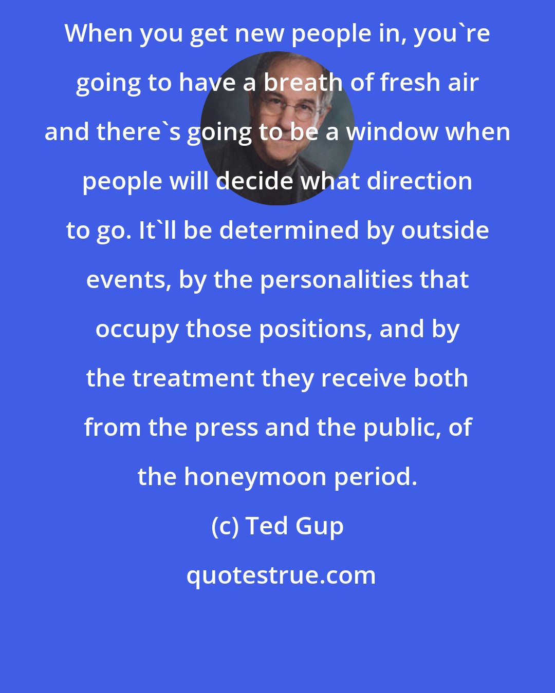 Ted Gup: When you get new people in, you're going to have a breath of fresh air and there's going to be a window when people will decide what direction to go. It'll be determined by outside events, by the personalities that occupy those positions, and by the treatment they receive both from the press and the public, of the honeymoon period.