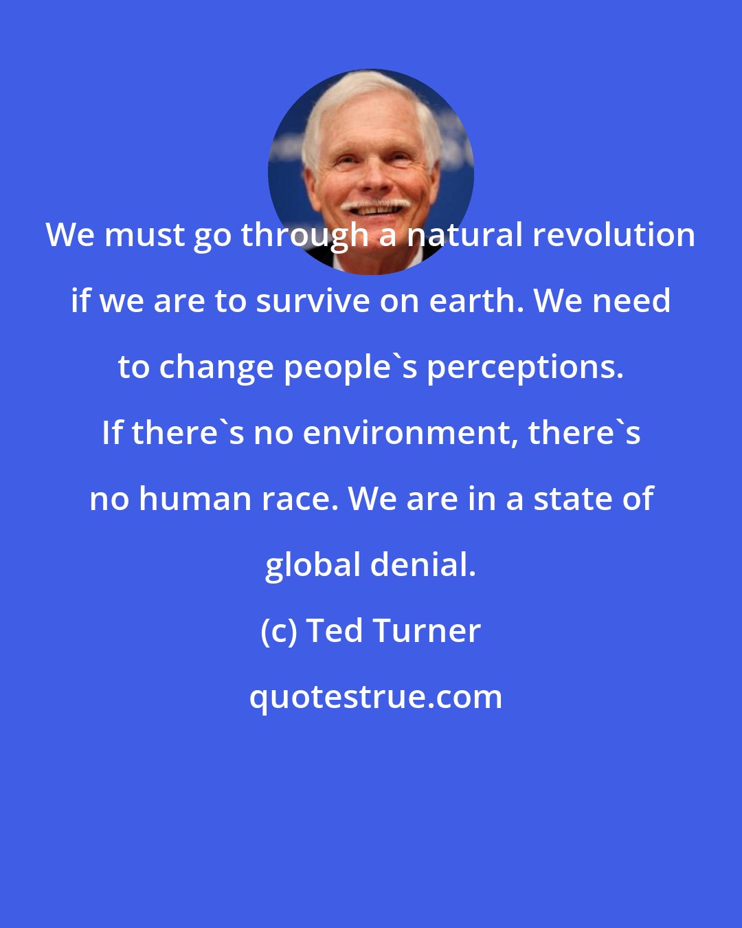 Ted Turner: We must go through a natural revolution if we are to survive on earth. We need to change people's perceptions. If there's no environment, there's no human race. We are in a state of global denial.