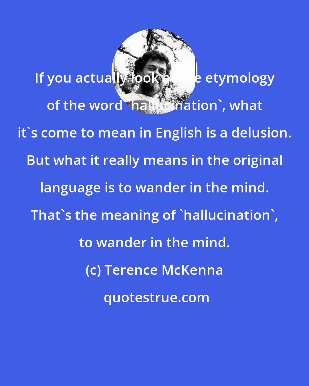 Terence McKenna: If you actually look at the etymology of the word 'hallucination', what it's come to mean in English is a delusion. But what it really means in the original language is to wander in the mind. That's the meaning of 'hallucination', to wander in the mind.