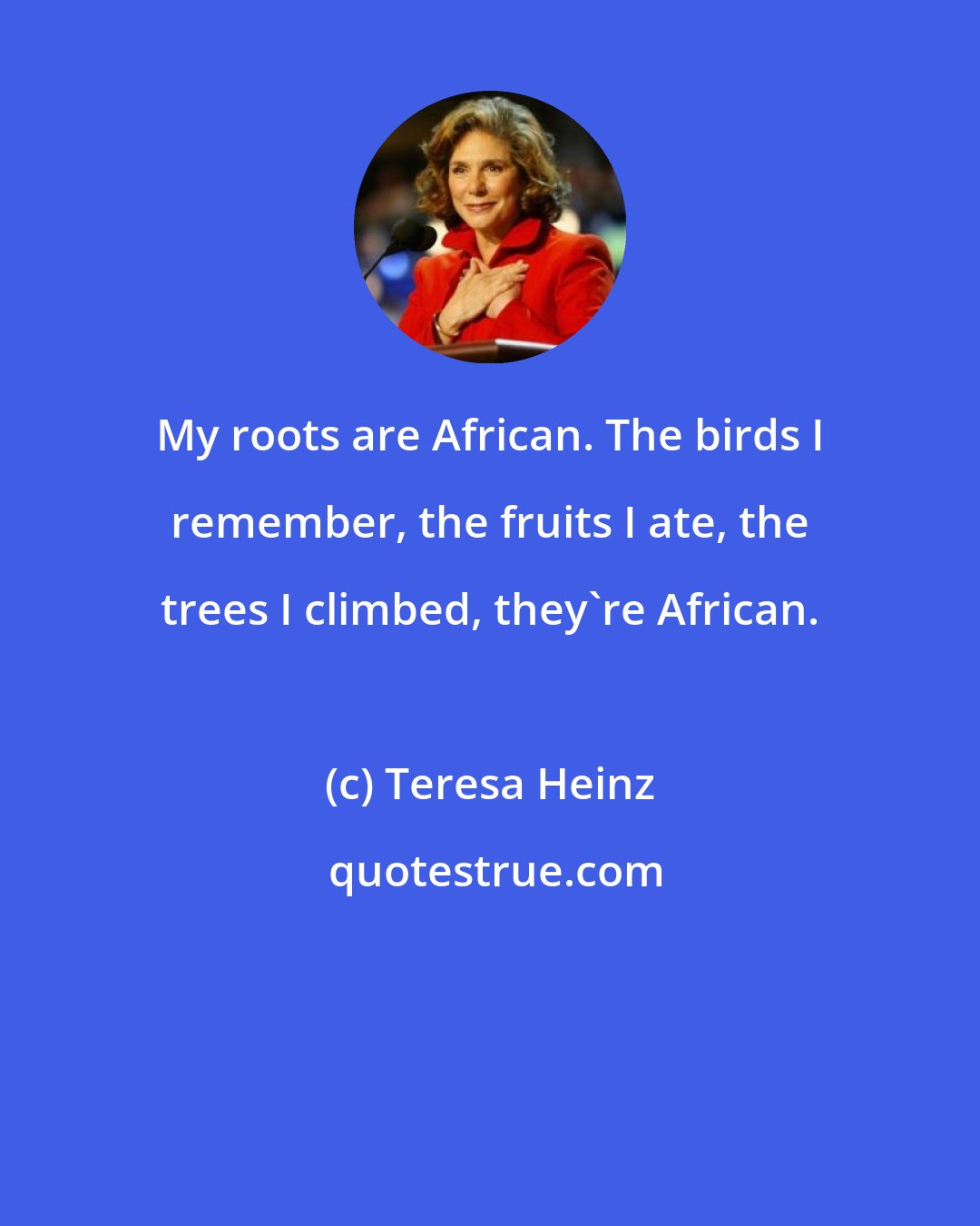 Teresa Heinz: My roots are African. The birds I remember, the fruits I ate, the trees I climbed, they're African.