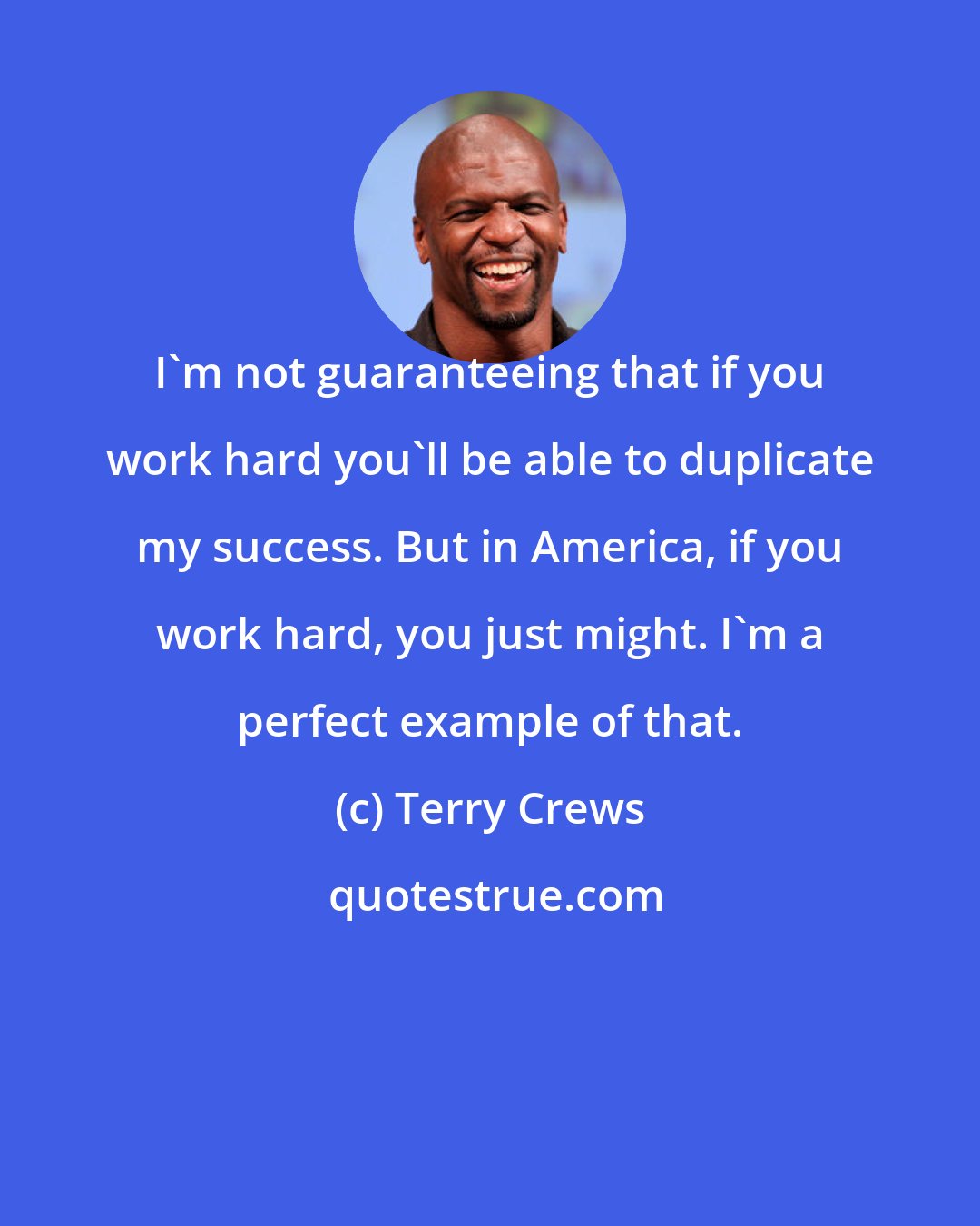 Terry Crews: I'm not guaranteeing that if you work hard you'll be able to duplicate my success. But in America, if you work hard, you just might. I'm a perfect example of that.