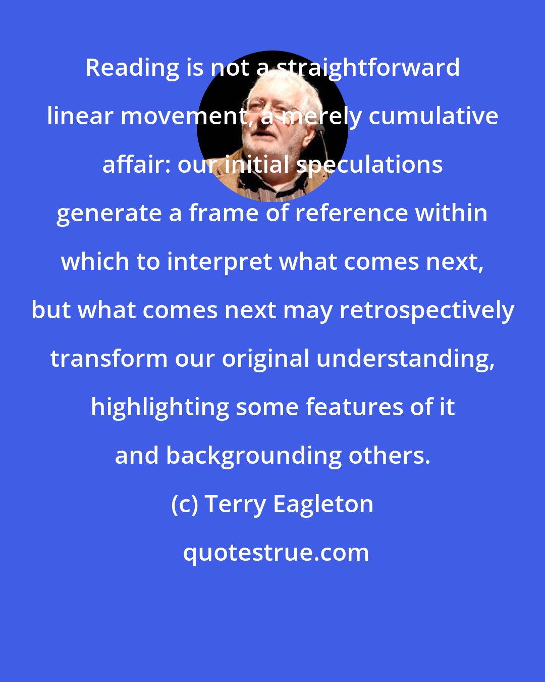 Terry Eagleton: Reading is not a straightforward linear movement, a merely cumulative affair: our initial speculations generate a frame of reference within which to interpret what comes next, but what comes next may retrospectively transform our original understanding, highlighting some features of it and backgrounding others.