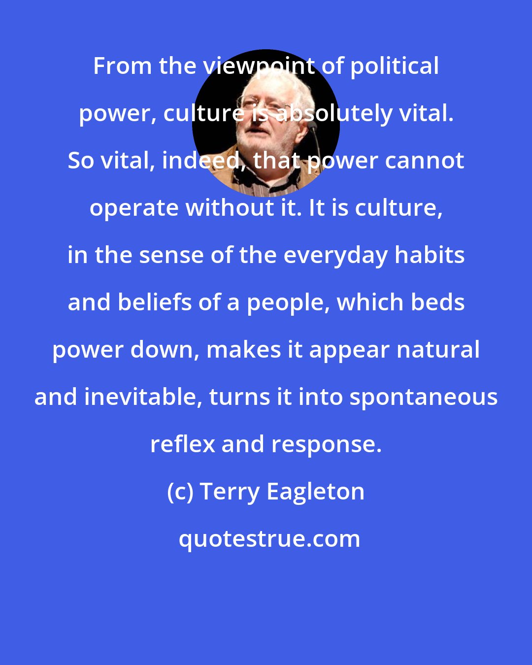 Terry Eagleton: From the viewpoint of political power, culture is absolutely vital. So vital, indeed, that power cannot operate without it. It is culture, in the sense of the everyday habits and beliefs of a people, which beds power down, makes it appear natural and inevitable, turns it into spontaneous reflex and response.