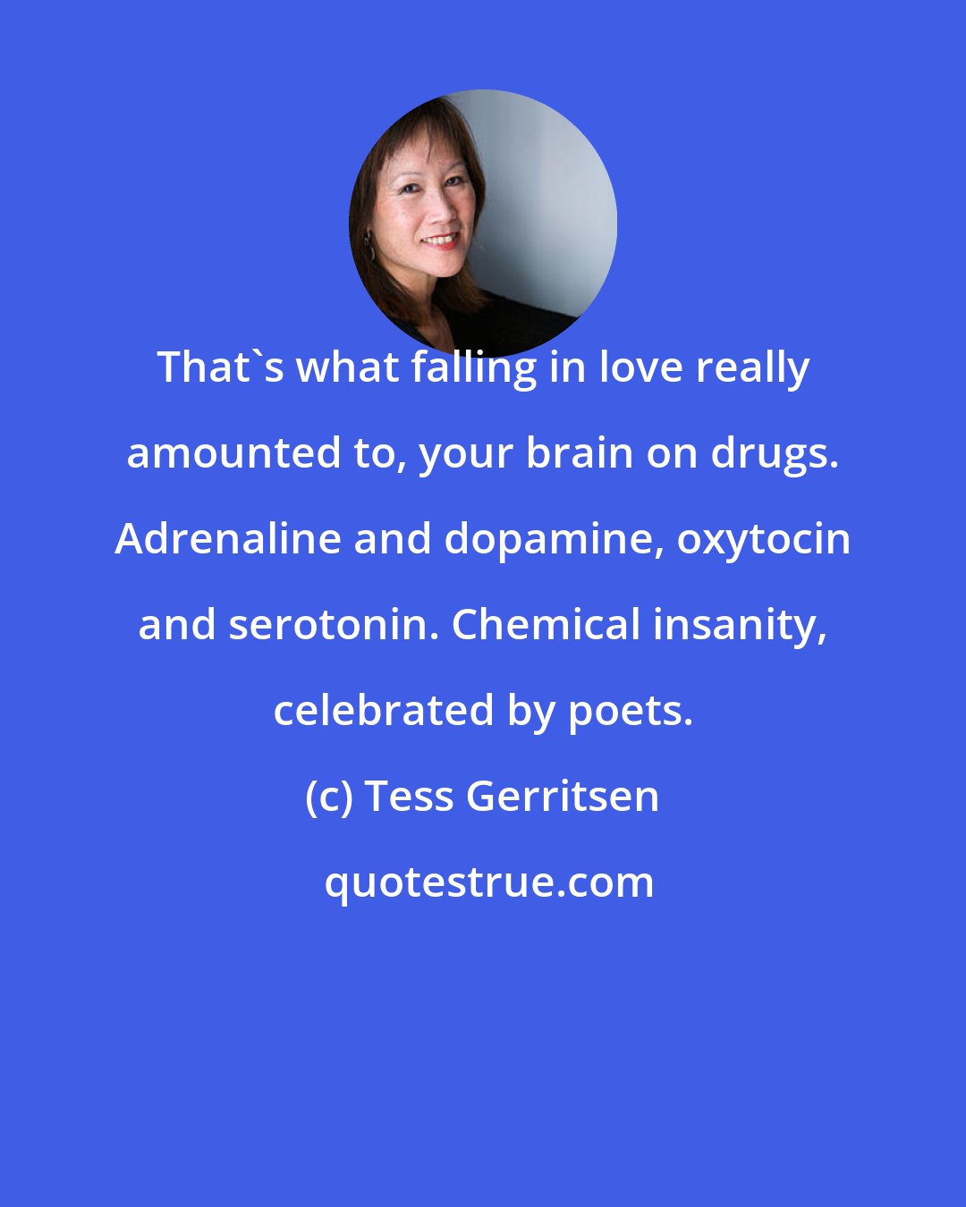 Tess Gerritsen: That's what falling in love really amounted to, your brain on drugs. Adrenaline and dopamine, oxytocin and serotonin. Chemical insanity, celebrated by poets.