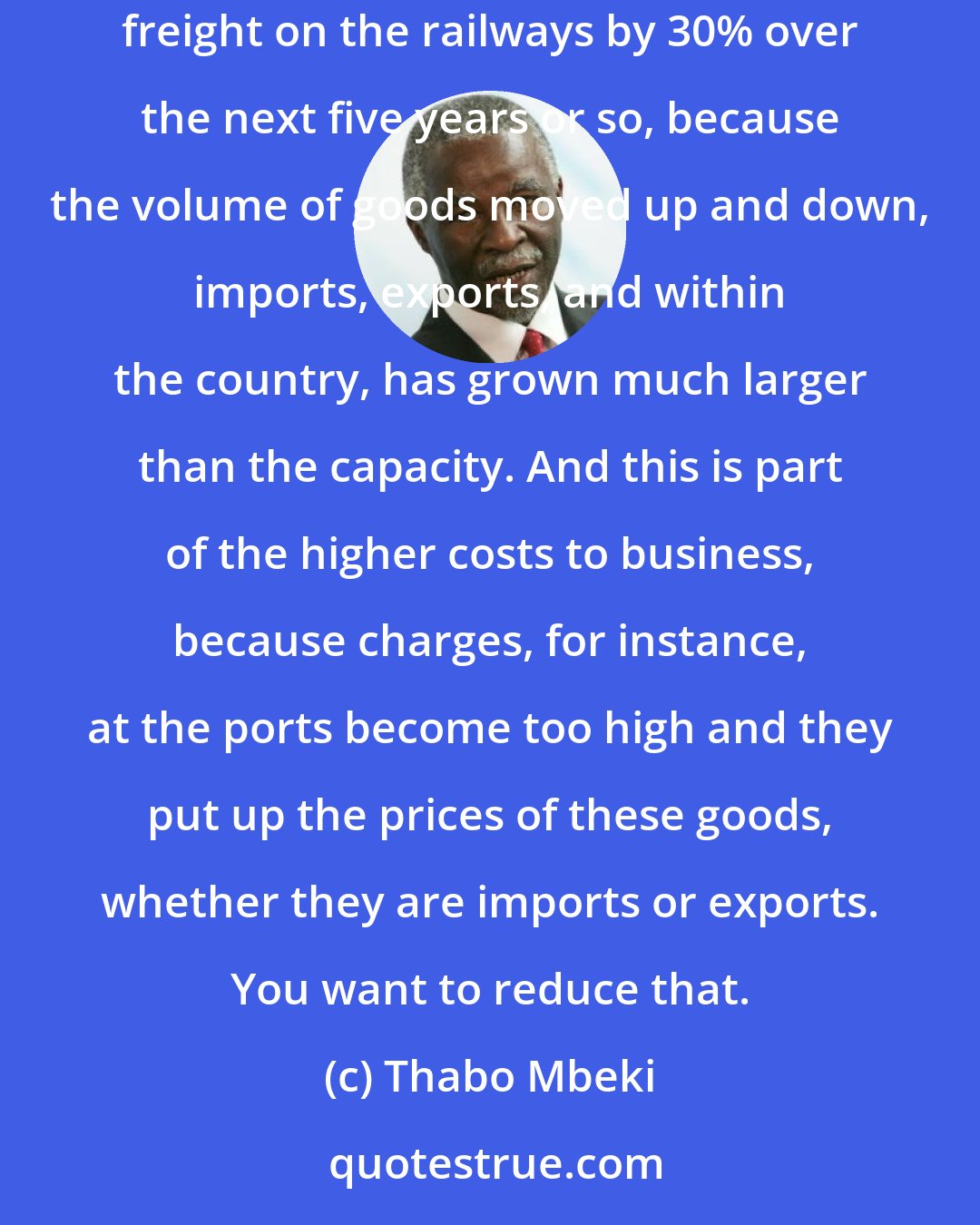 Thabo Mbeki: Clearly, there needs to be an increase in the capacity of the railway system. That's why there are these projections of increasing the capacity to carry freight on the railways by 30% over the next five years or so, because the volume of goods moved up and down, imports, exports, and within the country, has grown much larger than the capacity. And this is part of the higher costs to business, because charges, for instance, at the ports become too high and they put up the prices of these goods, whether they are imports or exports. You want to reduce that.