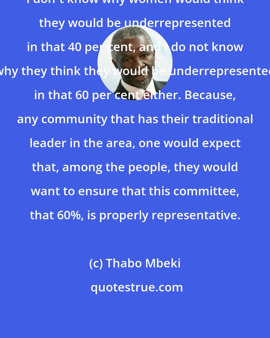 Thabo Mbeki: I don't know why women would think they would be underrepresented in that 40 per cent, and I do not know why they think they would be underrepresented in that 60 per cent either. Because, any community that has their traditional leader in the area, one would expect that, among the people, they would want to ensure that this committee, that 60%, is properly representative.