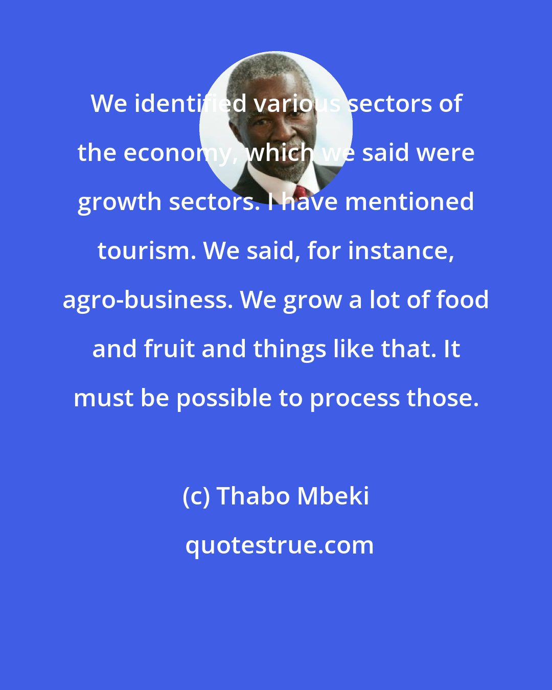 Thabo Mbeki: We identified various sectors of the economy, which we said were growth sectors. I have mentioned tourism. We said, for instance, agro-business. We grow a lot of food and fruit and things like that. It must be possible to process those.