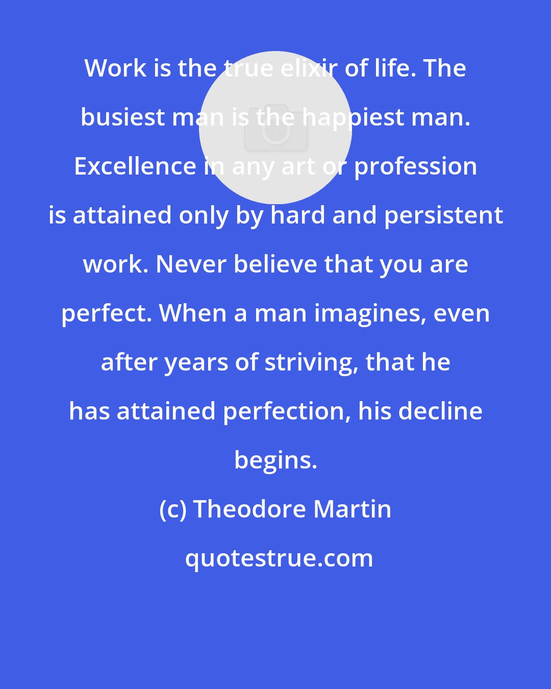 Theodore Martin: Work is the true elixir of life. The busiest man is the happiest man. Excellence in any art or profession is attained only by hard and persistent work. Never believe that you are perfect. When a man imagines, even after years of striving, that he has attained perfection, his decline begins.