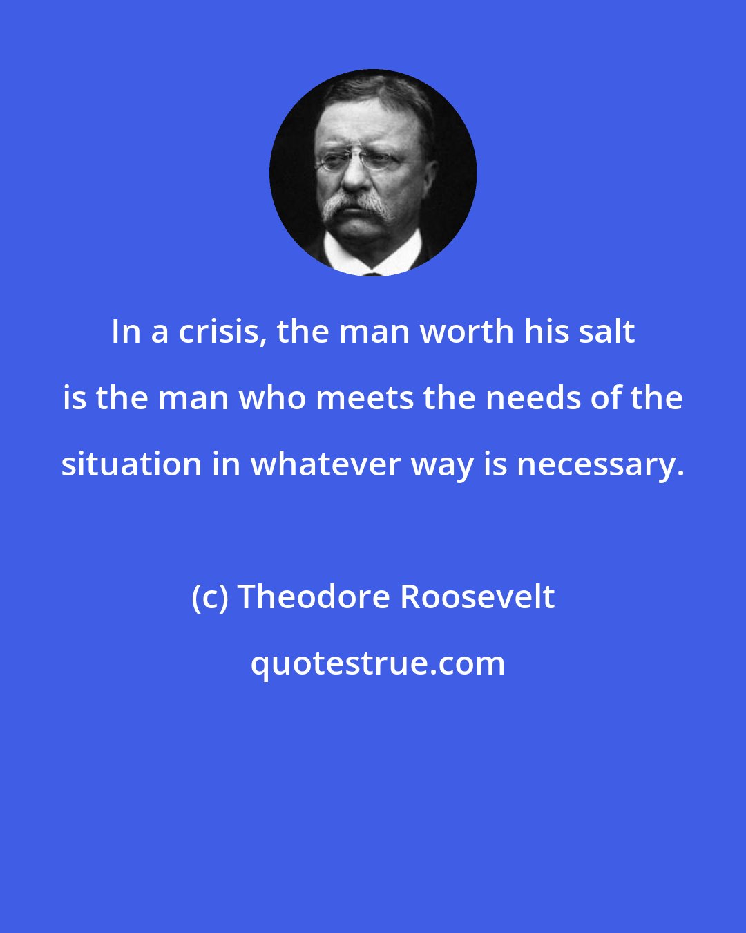 Theodore Roosevelt: In a crisis, the man worth his salt is the man who meets the needs of the situation in whatever way is necessary.