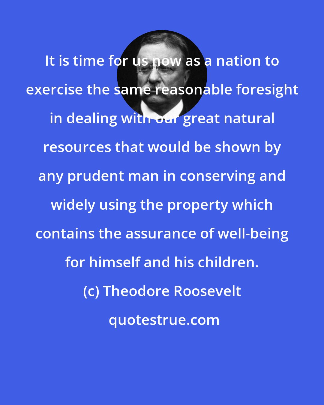 Theodore Roosevelt: It is time for us now as a nation to exercise the same reasonable foresight in dealing with our great natural resources that would be shown by any prudent man in conserving and widely using the property which contains the assurance of well-being for himself and his children.