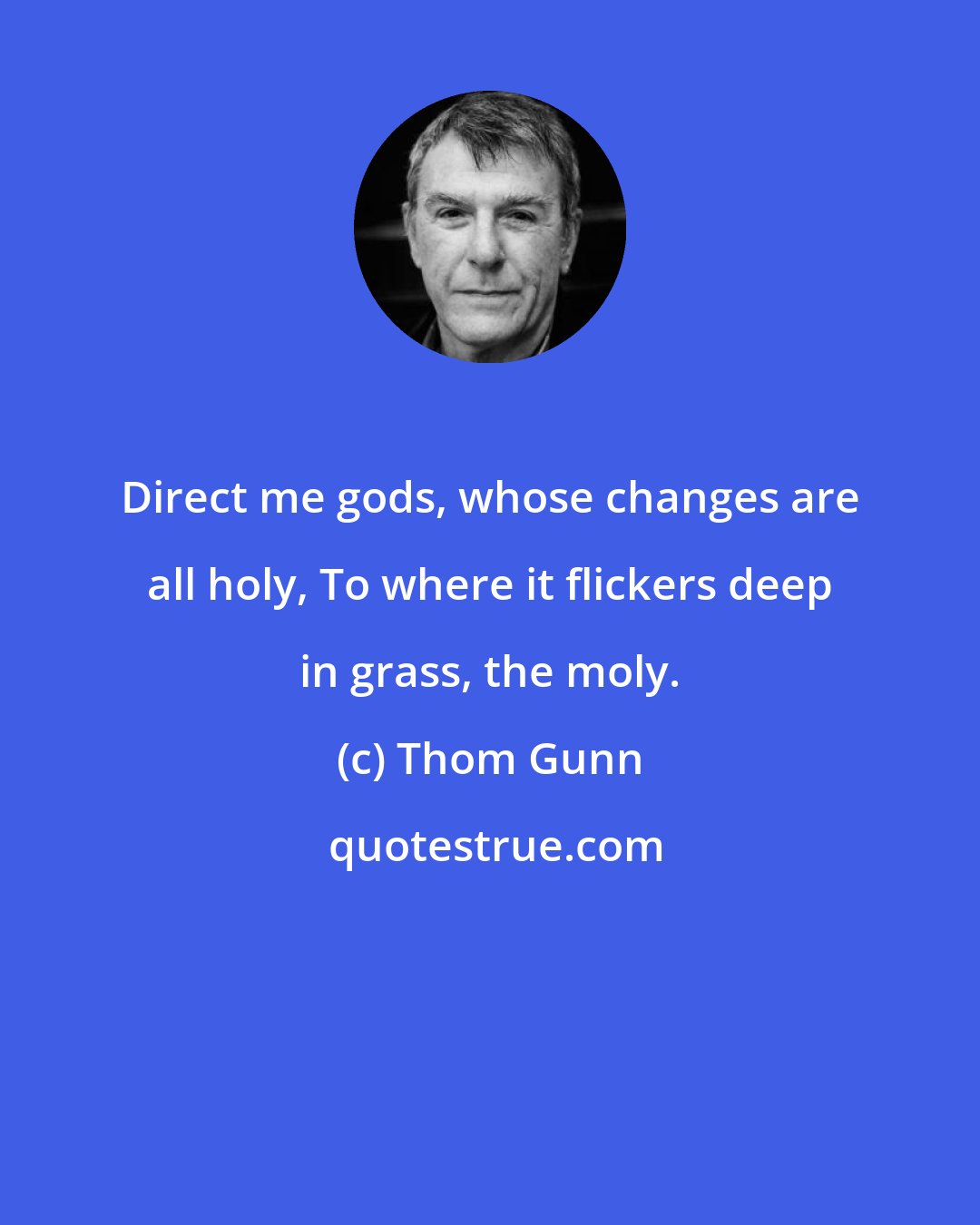 Thom Gunn: Direct me gods, whose changes are all holy, To where it flickers deep in grass, the moly.
