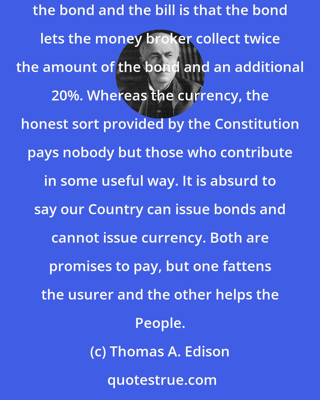 Thomas A. Edison: If the Nation can issue a dollar bond it can issue a dollar bill. The element that makes the bond good makes the bill good also. The difference between the bond and the bill is that the bond lets the money broker collect twice the amount of the bond and an additional 20%. Whereas the currency, the honest sort provided by the Constitution pays nobody but those who contribute in some useful way. It is absurd to say our Country can issue bonds and cannot issue currency. Both are promises to pay, but one fattens the usurer and the other helps the People.