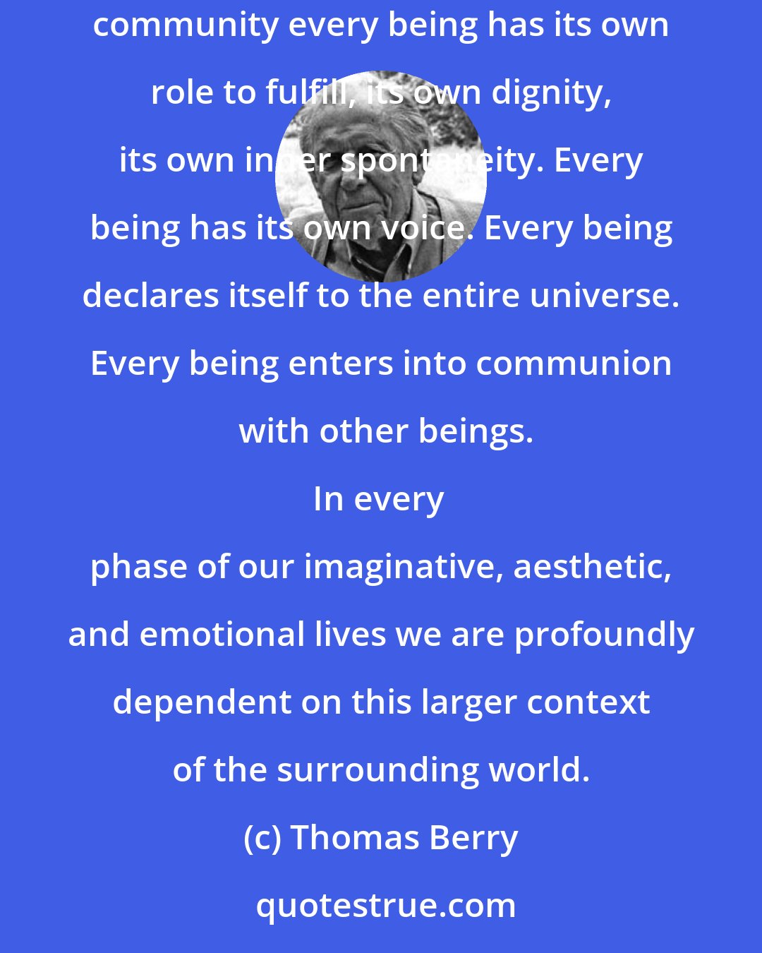 Thomas Berry: In reality, there is a single integral community of the Earth that includes all its component members whether human or other than human. In this community every being has its own role to fulfill, its own dignity, its own inner spontaneity. Every being has its own voice. Every being declares itself to the entire universe. Every being enters into communion with other beings.

In every phase of our imaginative, aesthetic, and emotional lives we are profoundly dependent on this larger context of the surrounding world.