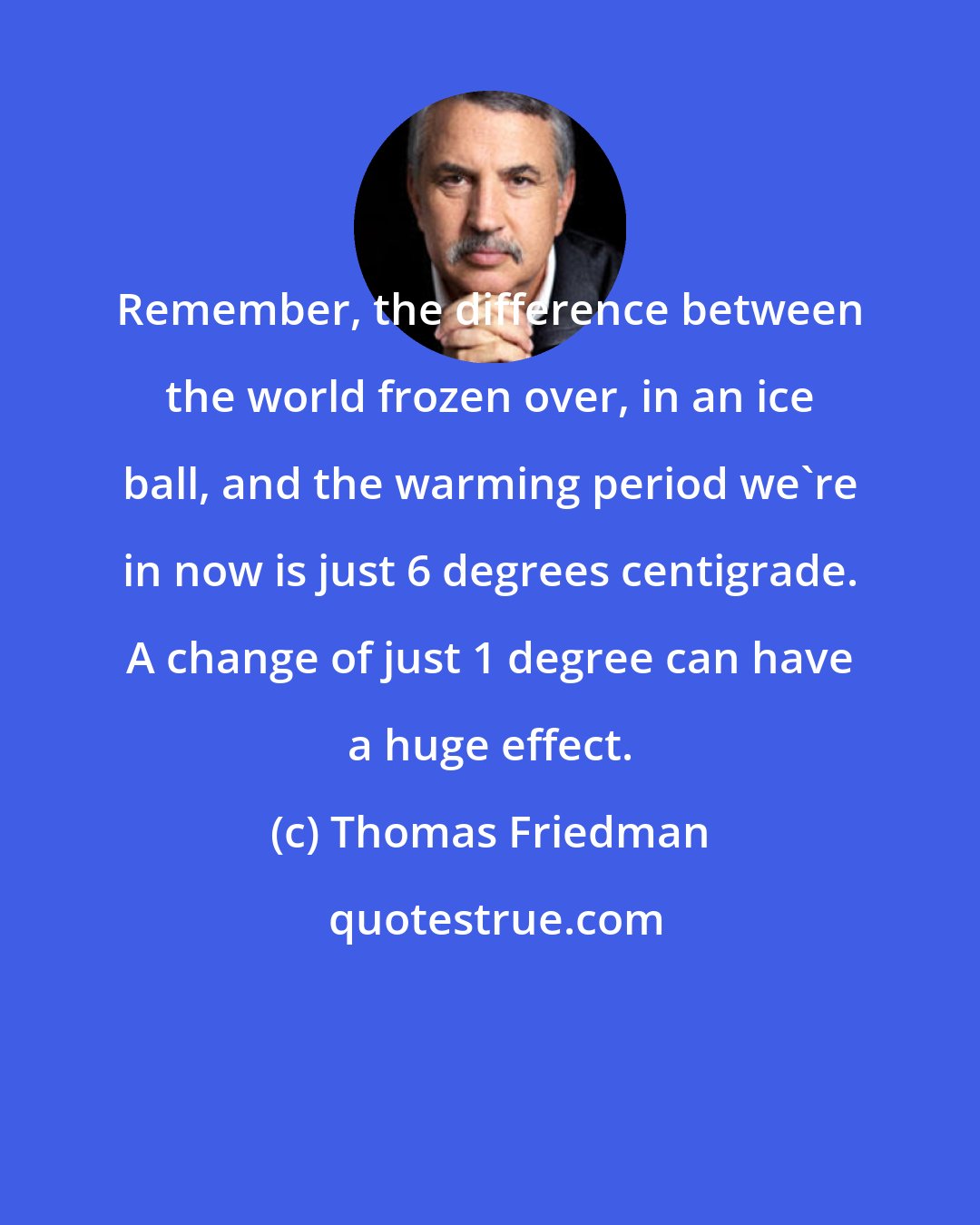 Thomas Friedman: Remember, the difference between the world frozen over, in an ice ball, and the warming period we're in now is just 6 degrees centigrade. A change of just 1 degree can have a huge effect.