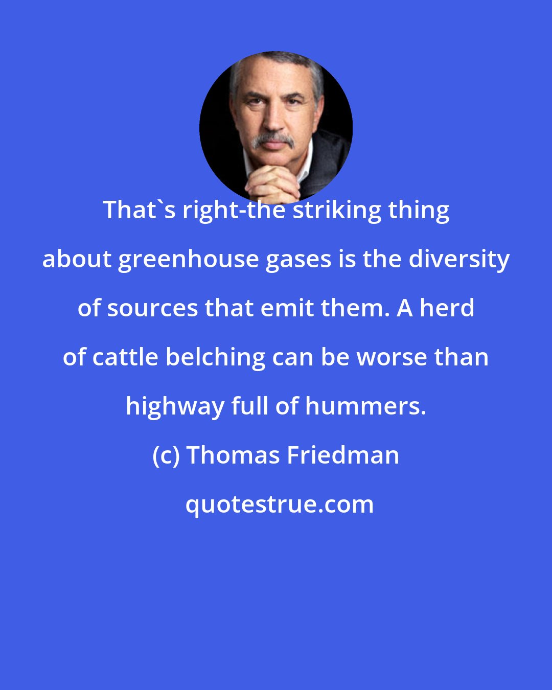 Thomas Friedman: That's right-the striking thing about greenhouse gases is the diversity of sources that emit them. A herd of cattle belching can be worse than highway full of hummers.