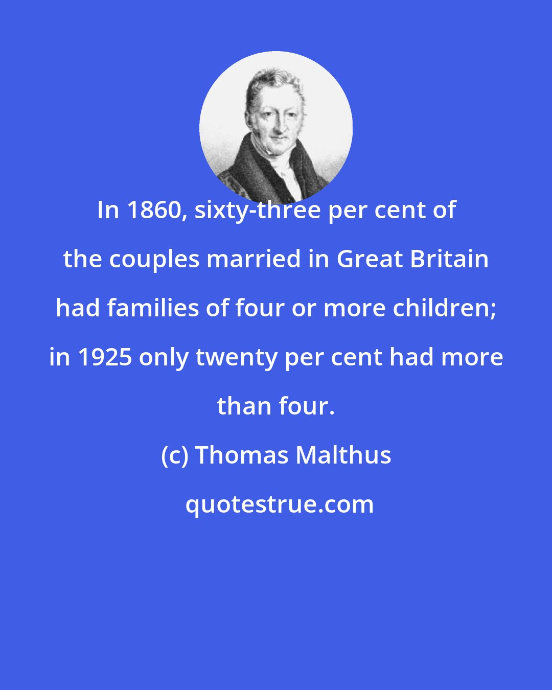 Thomas Malthus: In 1860, sixty-three per cent of the couples married in Great Britain had families of four or more children; in 1925 only twenty per cent had more than four.