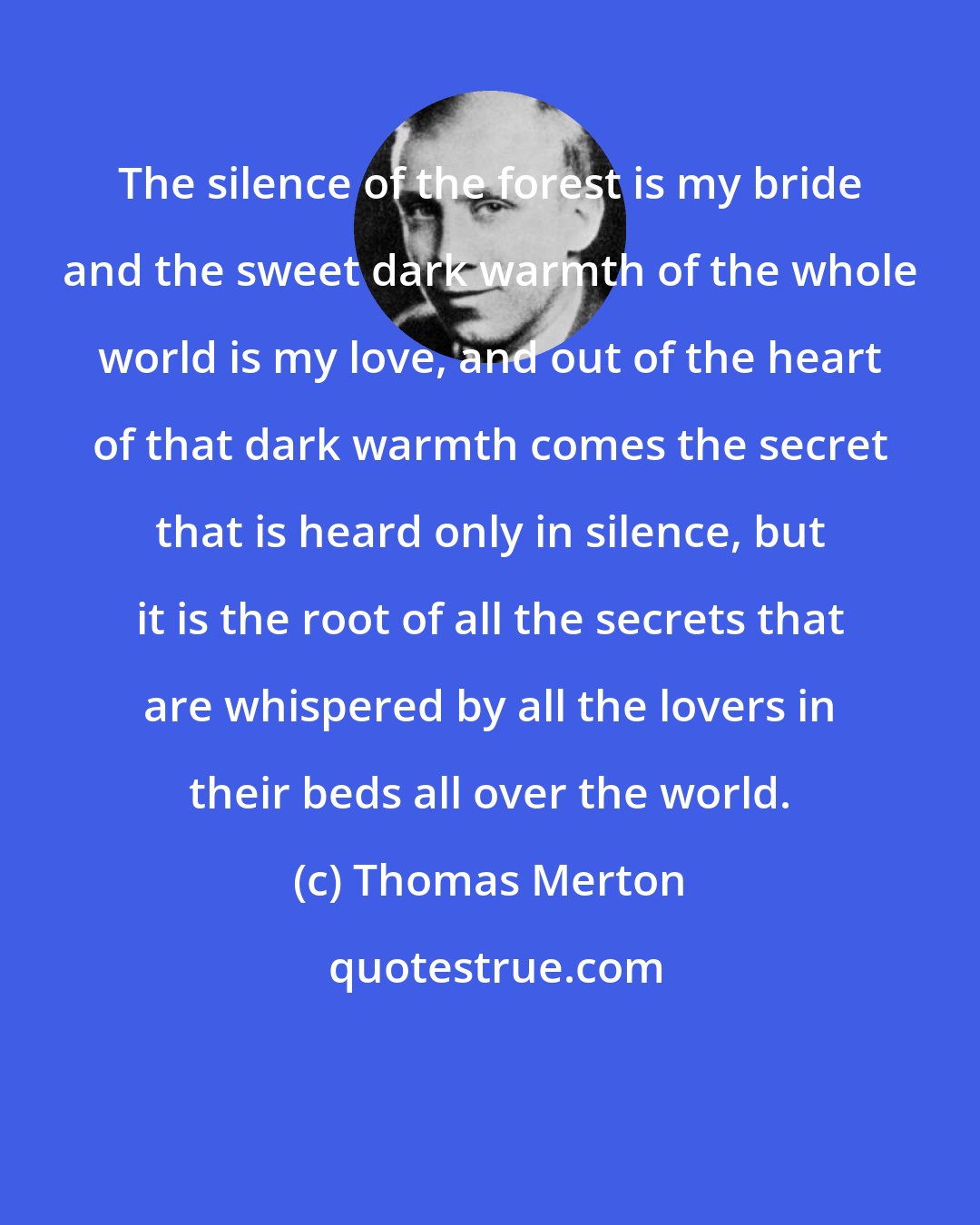 Thomas Merton: The silence of the forest is my bride and the sweet dark warmth of the whole world is my love, and out of the heart of that dark warmth comes the secret that is heard only in silence, but it is the root of all the secrets that are whispered by all the lovers in their beds all over the world.