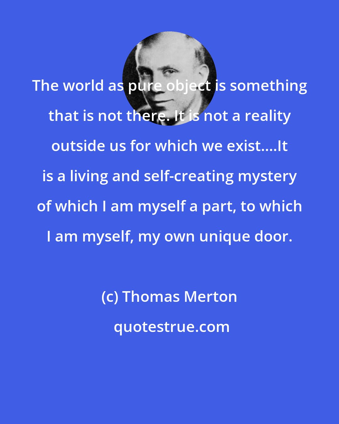 Thomas Merton: The world as pure object is something that is not there. It is not a reality outside us for which we exist....It is a living and self-creating mystery of which I am myself a part, to which I am myself, my own unique door.