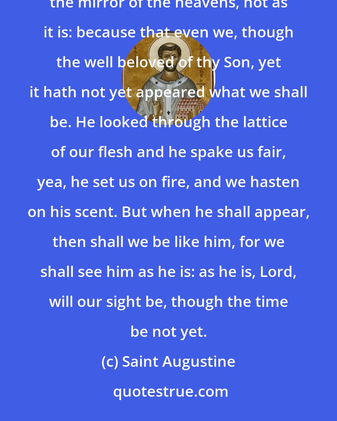 Saint Augustine: Thy word remaineth for ever, which word now appeareth unto us in the riddle of the clouds, and through the mirror of the heavens, not as it is: because that even we, though the well beloved of thy Son, yet it hath not yet appeared what we shall be. He looked through the lattice of our flesh and he spake us fair, yea, he set us on fire, and we hasten on his scent. But when he shall appear, then shall we be like him, for we shall see him as he is: as he is, Lord, will our sight be, though the time be not yet.