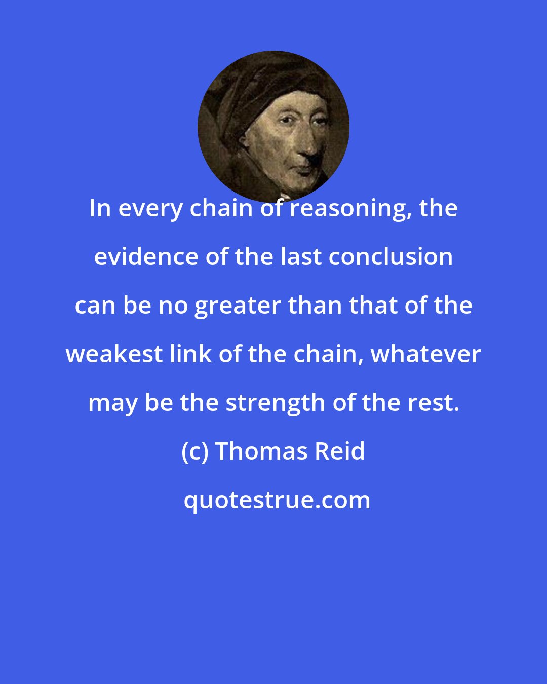 Thomas Reid: In every chain of reasoning, the evidence of the last conclusion can be no greater than that of the weakest link of the chain, whatever may be the strength of the rest.
