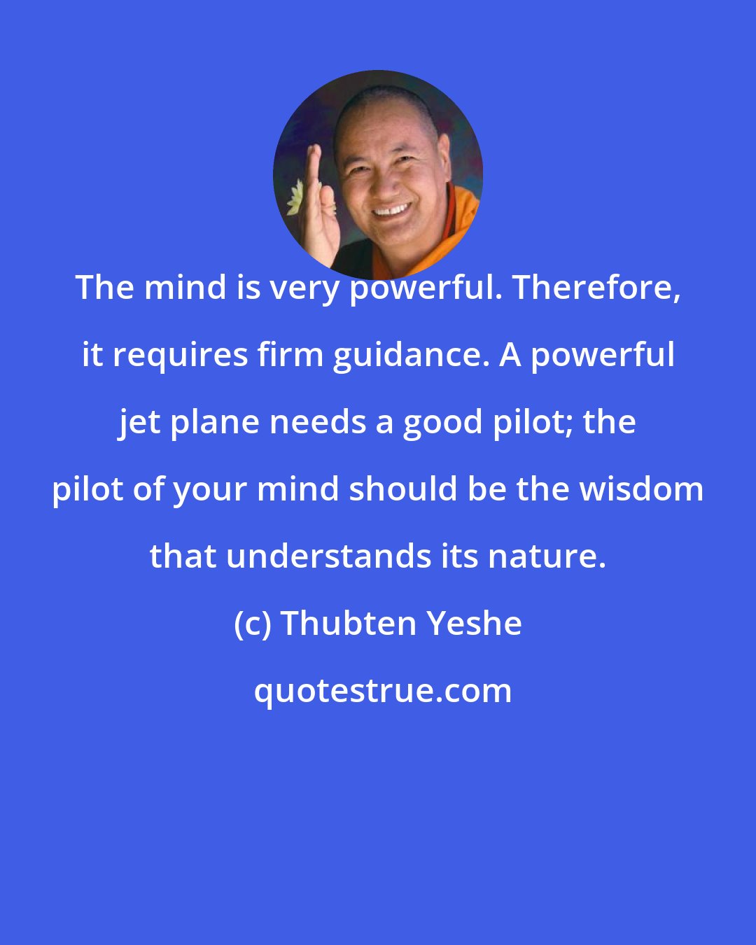 Thubten Yeshe: The mind is very powerful. Therefore, it requires firm guidance. A powerful jet plane needs a good pilot; the pilot of your mind should be the wisdom that understands its nature.