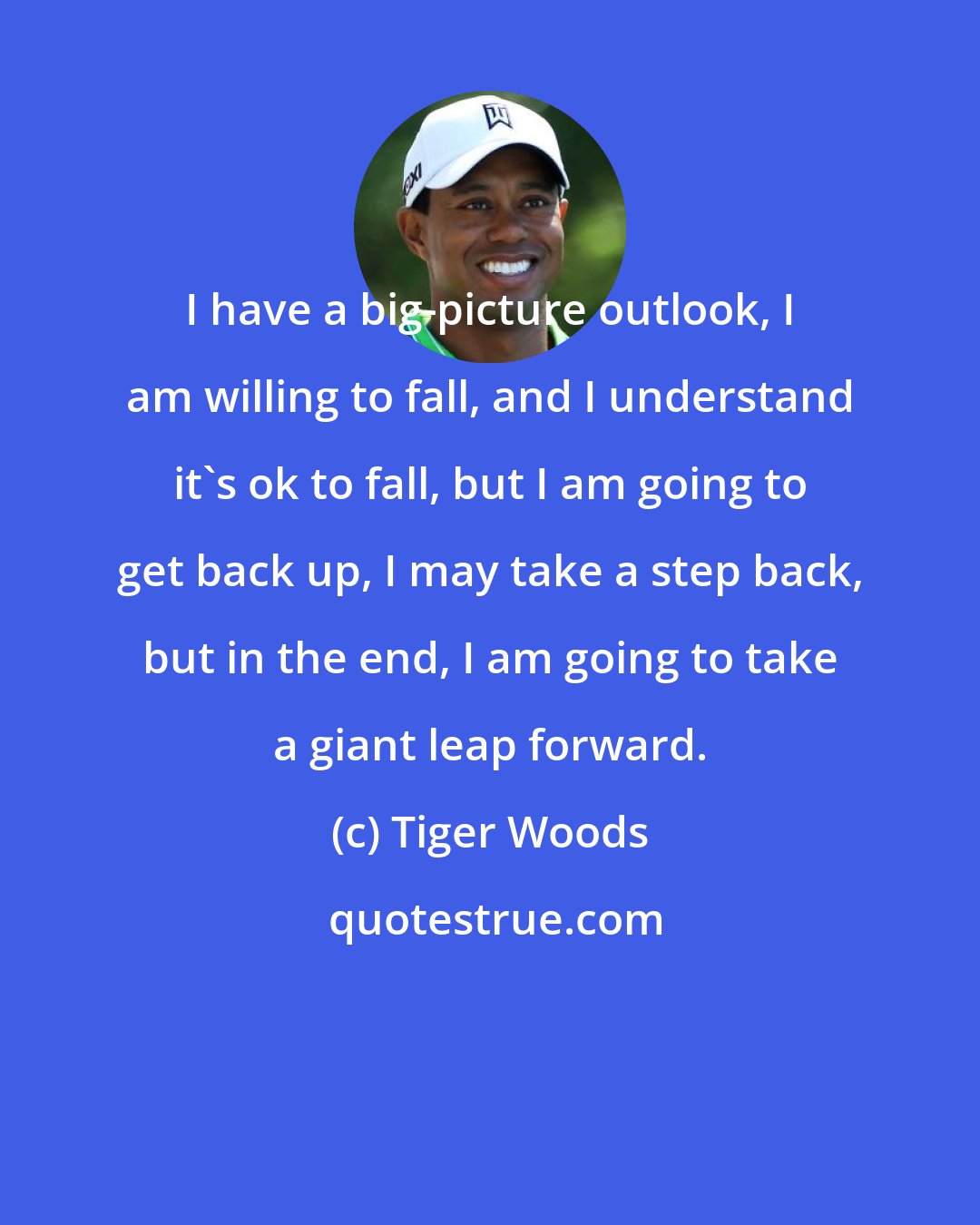 Tiger Woods: I have a big-picture outlook, I am willing to fall, and I understand it's ok to fall, but I am going to get back up, I may take a step back, but in the end, I am going to take a giant leap forward.