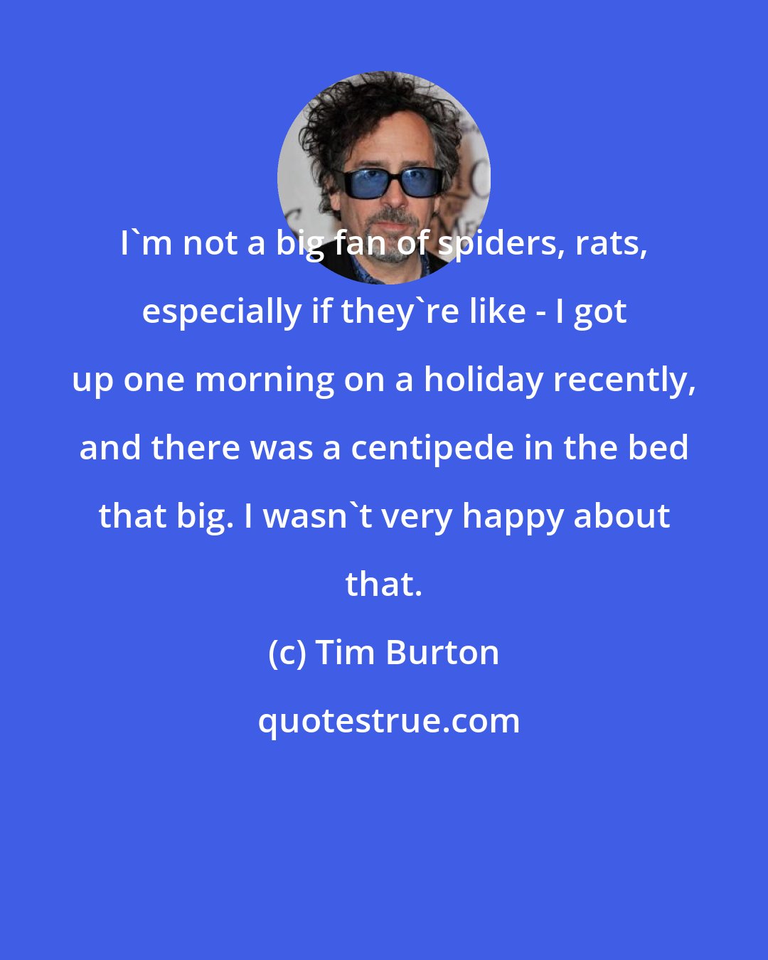 Tim Burton: I'm not a big fan of spiders, rats, especially if they're like - I got up one morning on a holiday recently, and there was a centipede in the bed that big. I wasn't very happy about that.