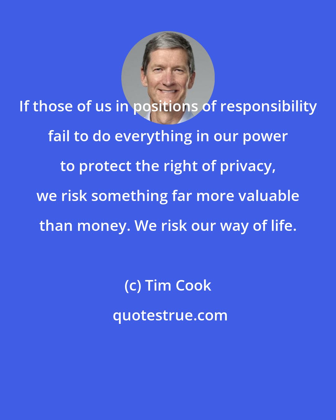 Tim Cook: If those of us in positions of responsibility fail to do everything in our power to protect the right of privacy, we risk something far more valuable than money. We risk our way of life.