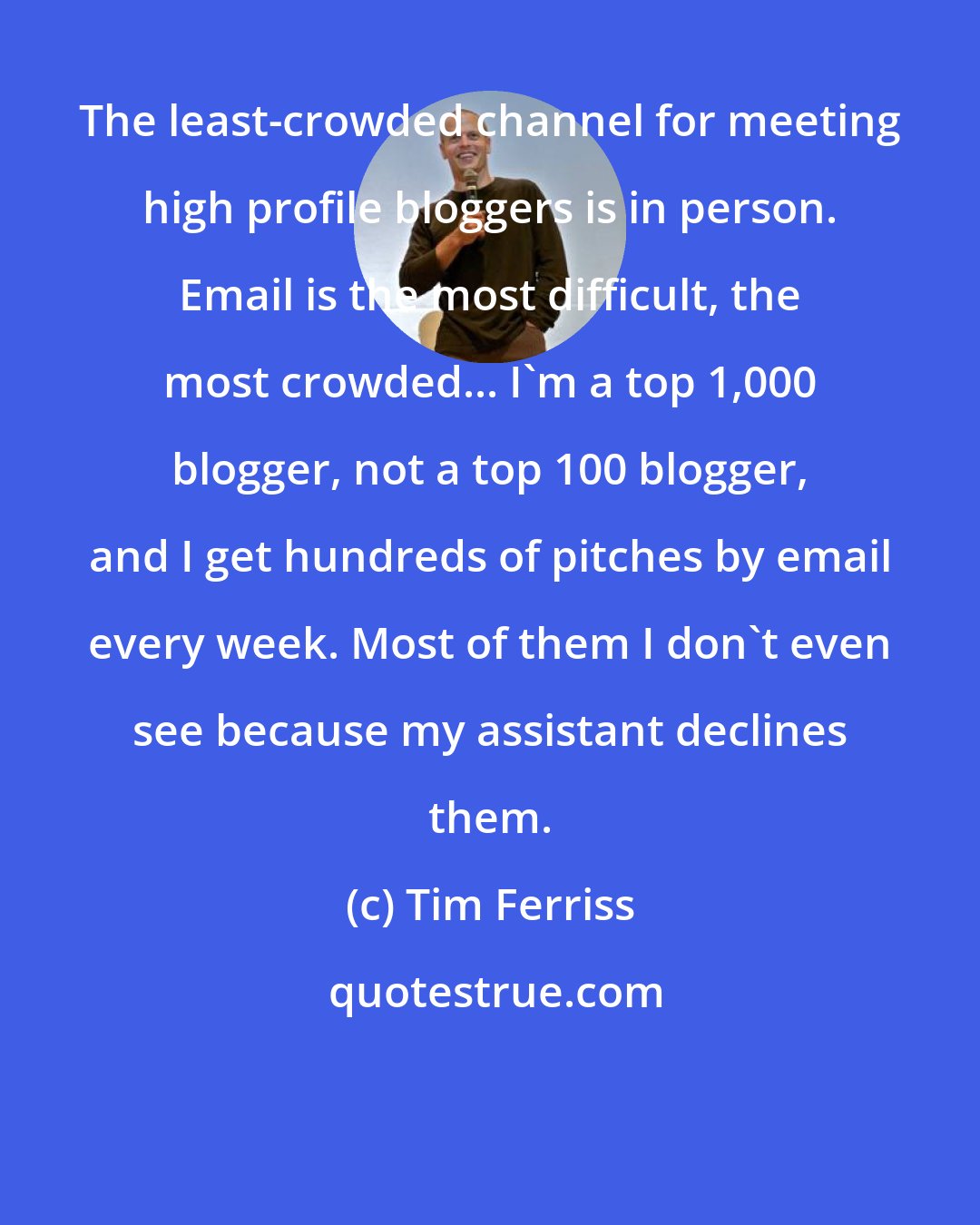 Tim Ferriss: The least-crowded channel for meeting high profile bloggers is in person. Email is the most difficult, the most crowded... I'm a top 1,000 blogger, not a top 100 blogger, and I get hundreds of pitches by email every week. Most of them I don't even see because my assistant declines them.