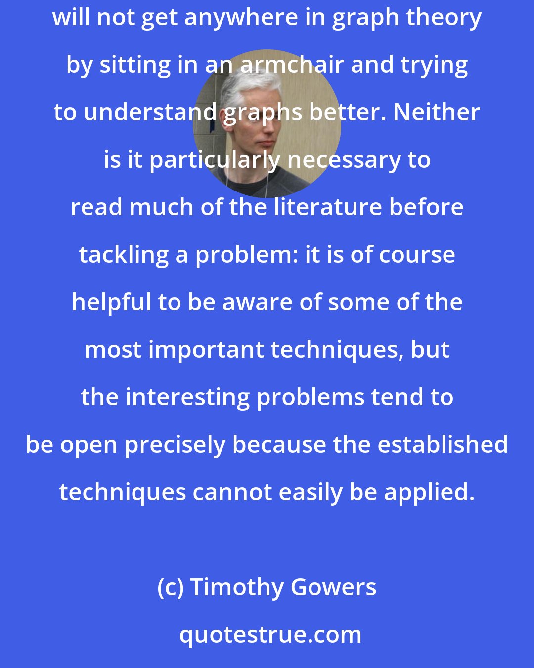 Timothy Gowers: At the other end of the spectrum is, for example, graph theory, where the basic object, a graph, can be immediately comprehended. One will not get anywhere in graph theory by sitting in an armchair and trying to understand graphs better. Neither is it particularly necessary to read much of the literature before tackling a problem: it is of course helpful to be aware of some of the most important techniques, but the interesting problems tend to be open precisely because the established techniques cannot easily be applied.