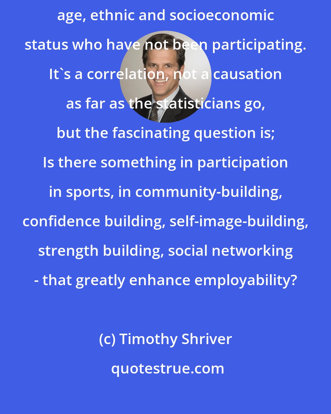 Timothy Shriver: Olympics are three times more likely to be employed than people of a similar age, ethnic and socioeconomic status who have not been participating. It's a correlation, not a causation as far as the statisticians go, but the fascinating question is; Is there something in participation in sports, in community-building, confidence building, self-image-building, strength building, social networking - that greatly enhance employability?