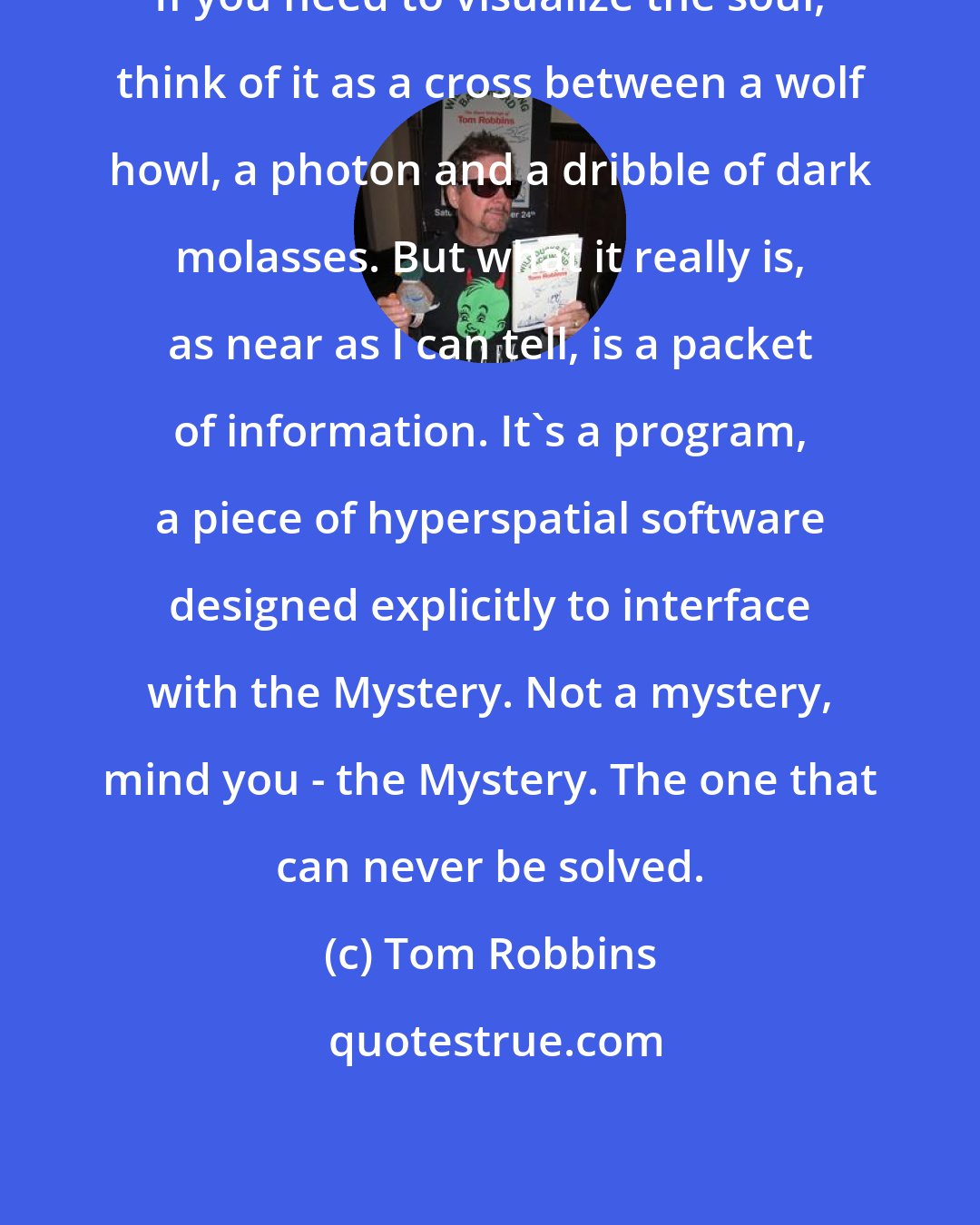 Tom Robbins: If you need to visualize the soul, think of it as a cross between a wolf howl, a photon and a dribble of dark molasses. But what it really is, as near as I can tell, is a packet of information. It's a program, a piece of hyperspatial software designed explicitly to interface with the Mystery. Not a mystery, mind you - the Mystery. The one that can never be solved.