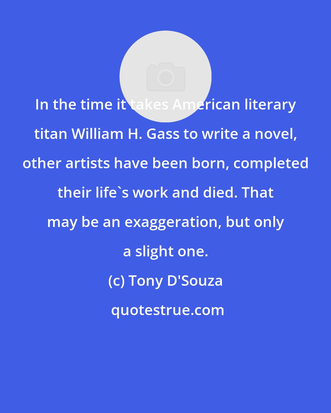 Tony D'Souza: In the time it takes American literary titan William H. Gass to write a novel, other artists have been born, completed their life's work and died. That may be an exaggeration, but only a slight one.
