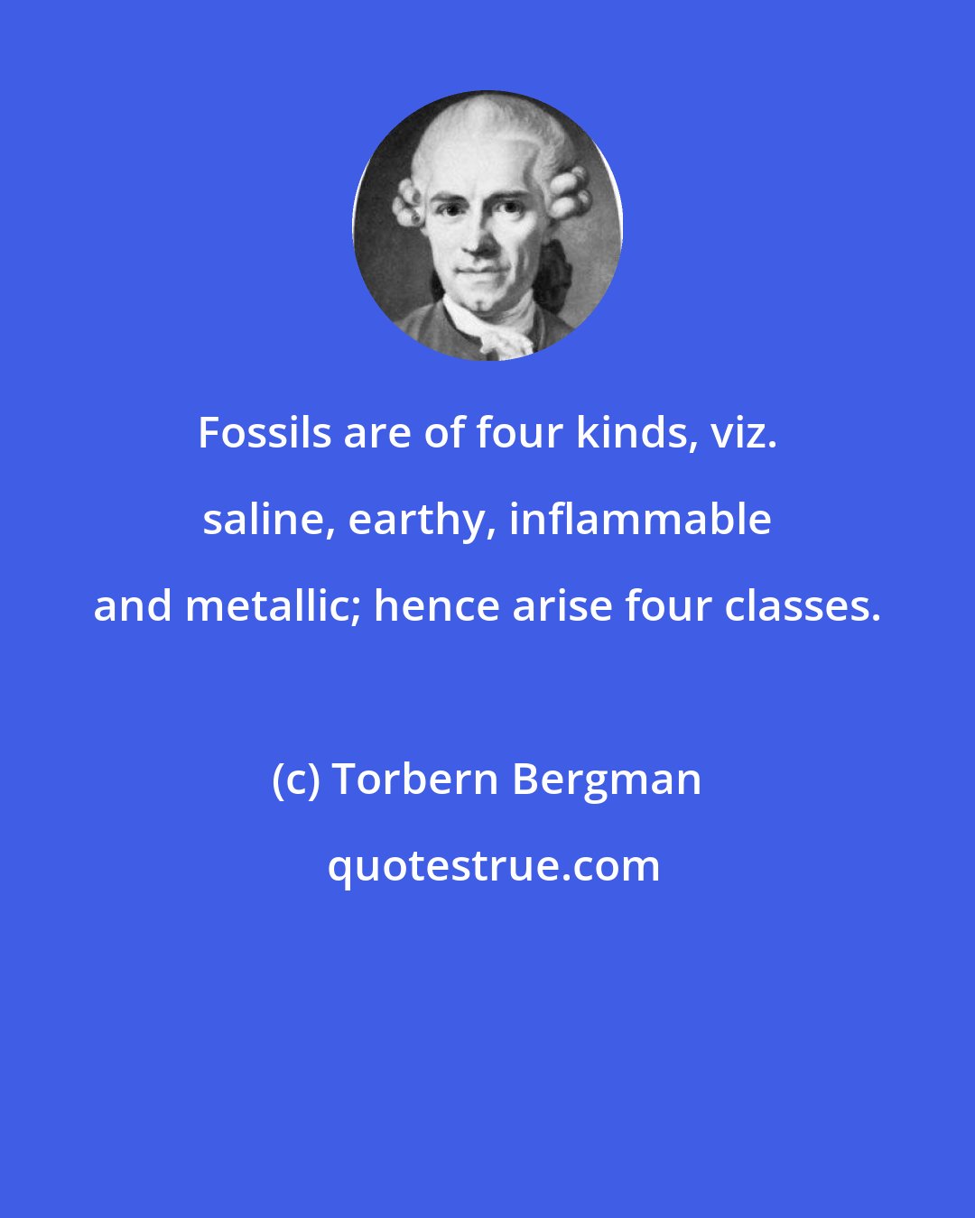 Torbern Bergman: Fossils are of four kinds, viz. saline, earthy, inflammable and metallic; hence arise four classes.