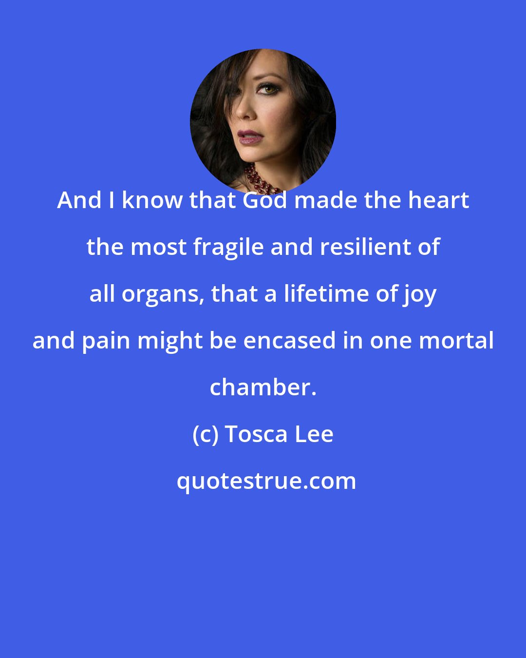 Tosca Lee: And I know that God made the heart the most fragile and resilient of all organs, that a lifetime of joy and pain might be encased in one mortal chamber.