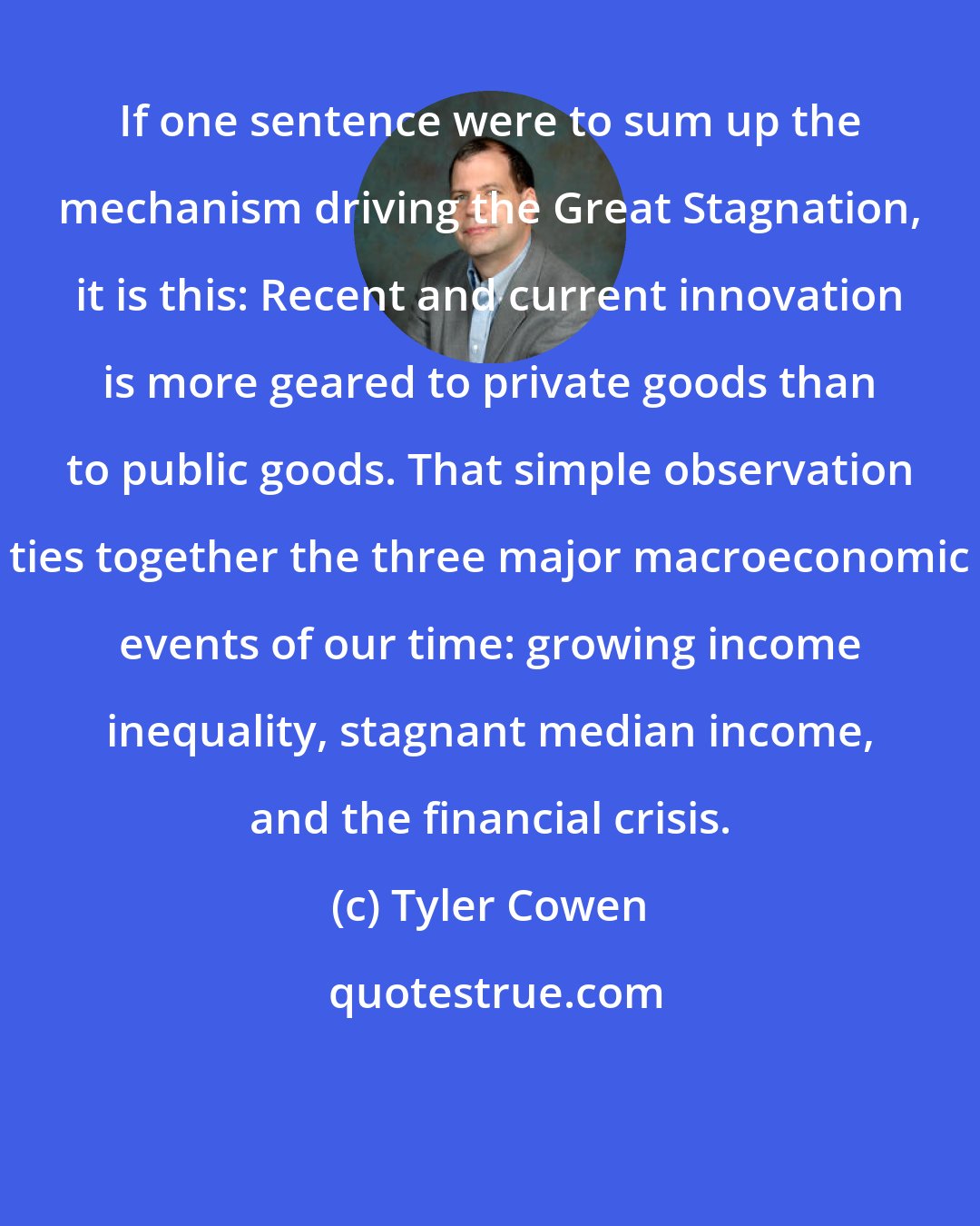 Tyler Cowen: If one sentence were to sum up the mechanism driving the Great Stagnation, it is this: Recent and current innovation is more geared to private goods than to public goods. That simple observation ties together the three major macroeconomic events of our time: growing income inequality, stagnant median income, and the financial crisis.