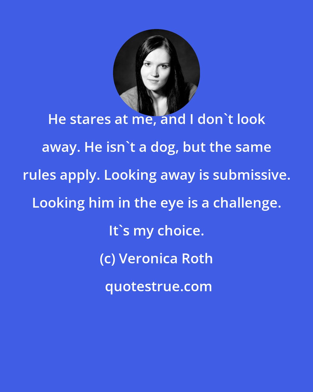 Veronica Roth: He stares at me, and I don't look away. He isn't a dog, but the same rules apply. Looking away is submissive. Looking him in the eye is a challenge. It's my choice.