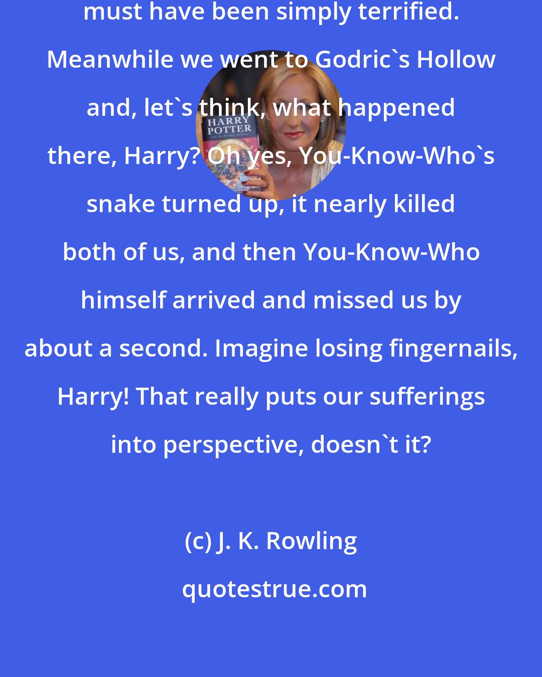 J. K. Rowling: Gosh, what a gripping story. You must have been simply terrified. Meanwhile we went to Godric's Hollow and, let's think, what happened there, Harry? Oh yes, You-Know-Who's snake turned up, it nearly killed both of us, and then You-Know-Who himself arrived and missed us by about a second. Imagine losing fingernails, Harry! That really puts our sufferings into perspective, doesn't it?