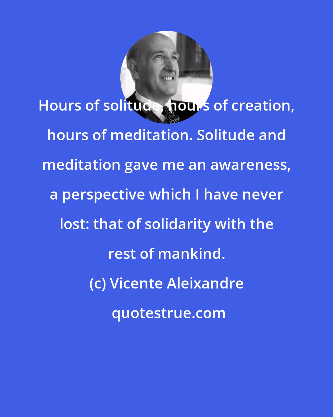 Vicente Aleixandre: Hours of solitude, hours of creation, hours of meditation. Solitude and meditation gave me an awareness, a perspective which I have never lost: that of solidarity with the rest of mankind.