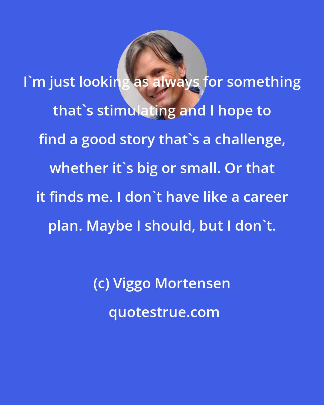 Viggo Mortensen: I'm just looking as always for something that's stimulating and I hope to find a good story that's a challenge, whether it's big or small. Or that it finds me. I don't have like a career plan. Maybe I should, but I don't.