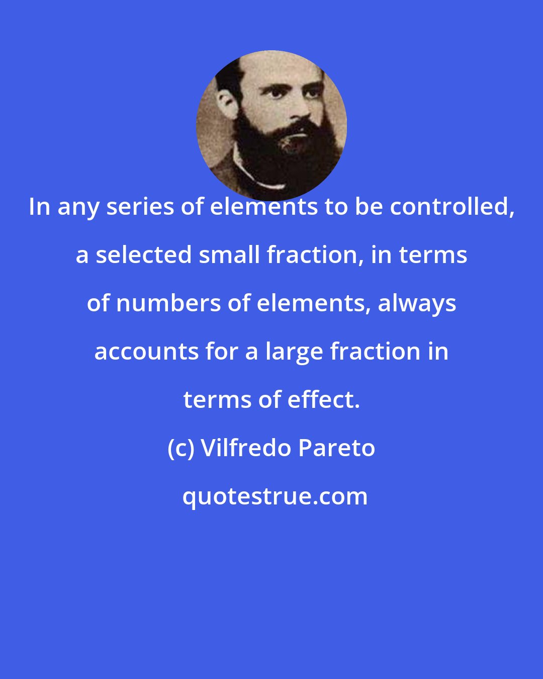 Vilfredo Pareto: In any series of elements to be controlled, a selected small fraction, in terms of numbers of elements, always accounts for a large fraction in terms of effect.
