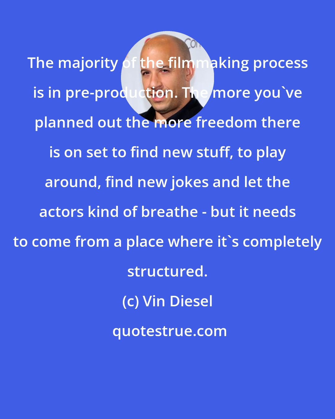 Vin Diesel: The majority of the filmmaking process is in pre-production. The more you've planned out the more freedom there is on set to find new stuff, to play around, find new jokes and let the actors kind of breathe - but it needs to come from a place where it's completely structured.